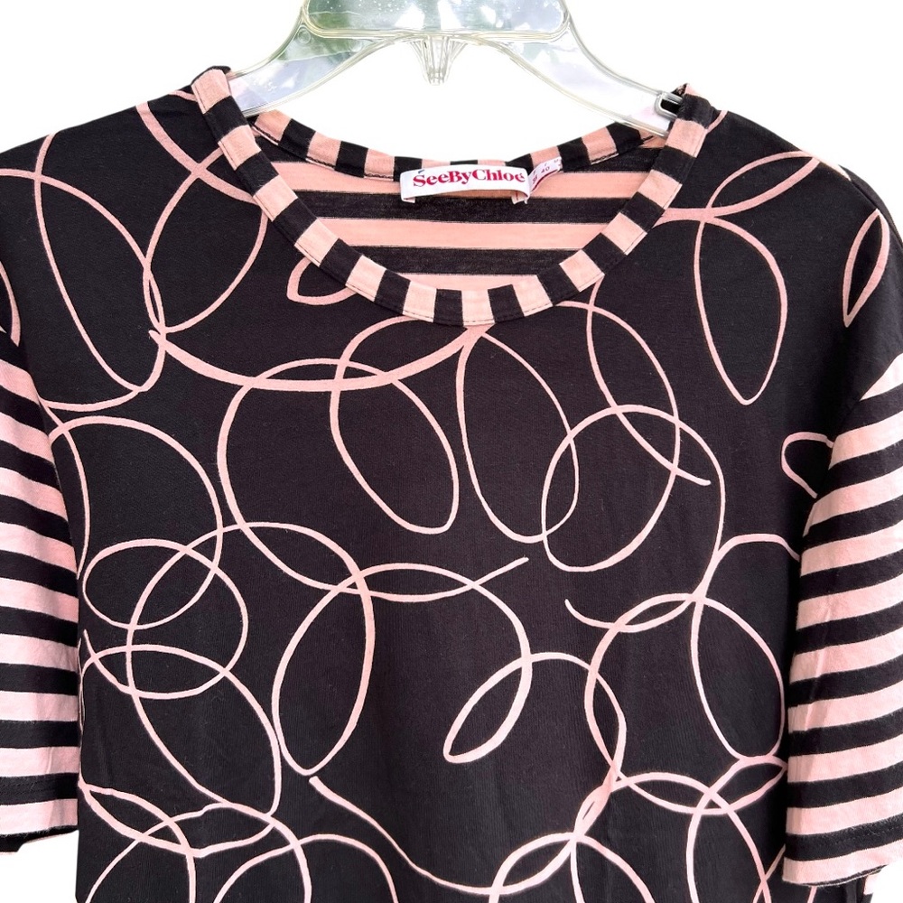SEE BY CHLOE Black and White Graphic Boxy Tee Striped Nautical Artsy Coastal - Picture 9 of 16
